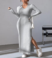 knitted slim lapel long sleeve dress pit strip solid color