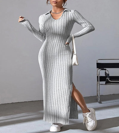 knitted slim lapel long sleeve dress pit strip solid color