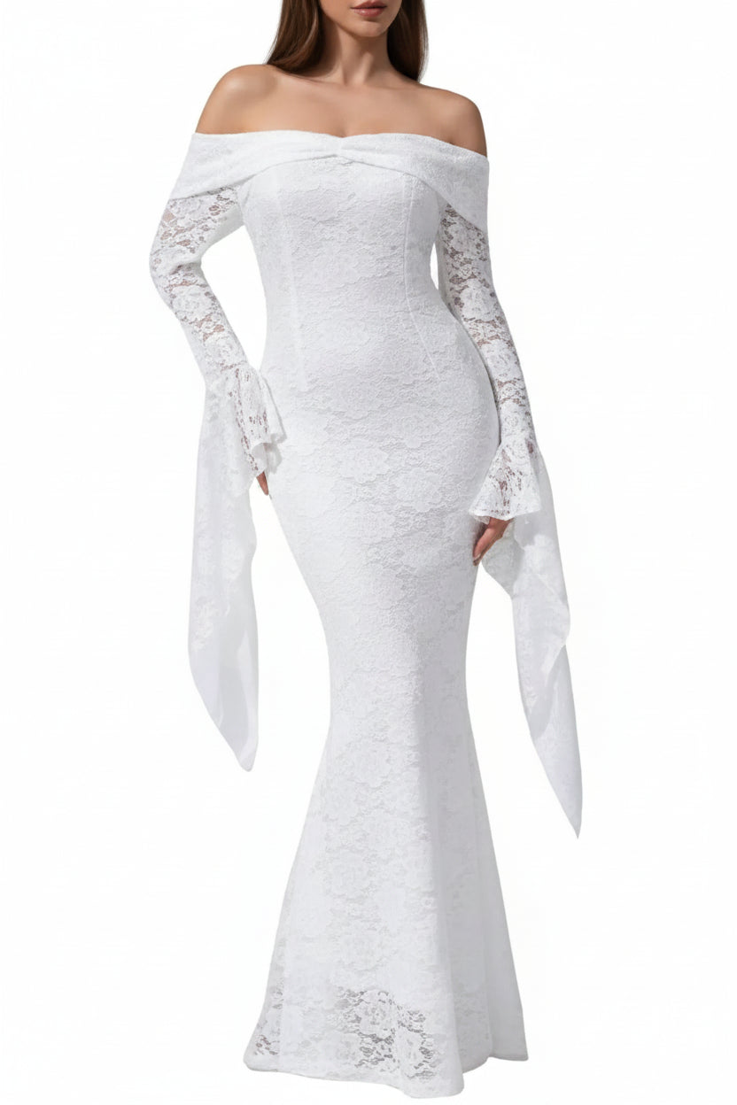 Off The Shoulder Floral Lace Maxi Wedding Dress Long Bell Sleeve  Off The Shoulder