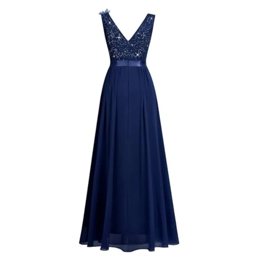 Navy Blue Sequin Evening Gown with Thigh Slit and Floral Shoulder Detail