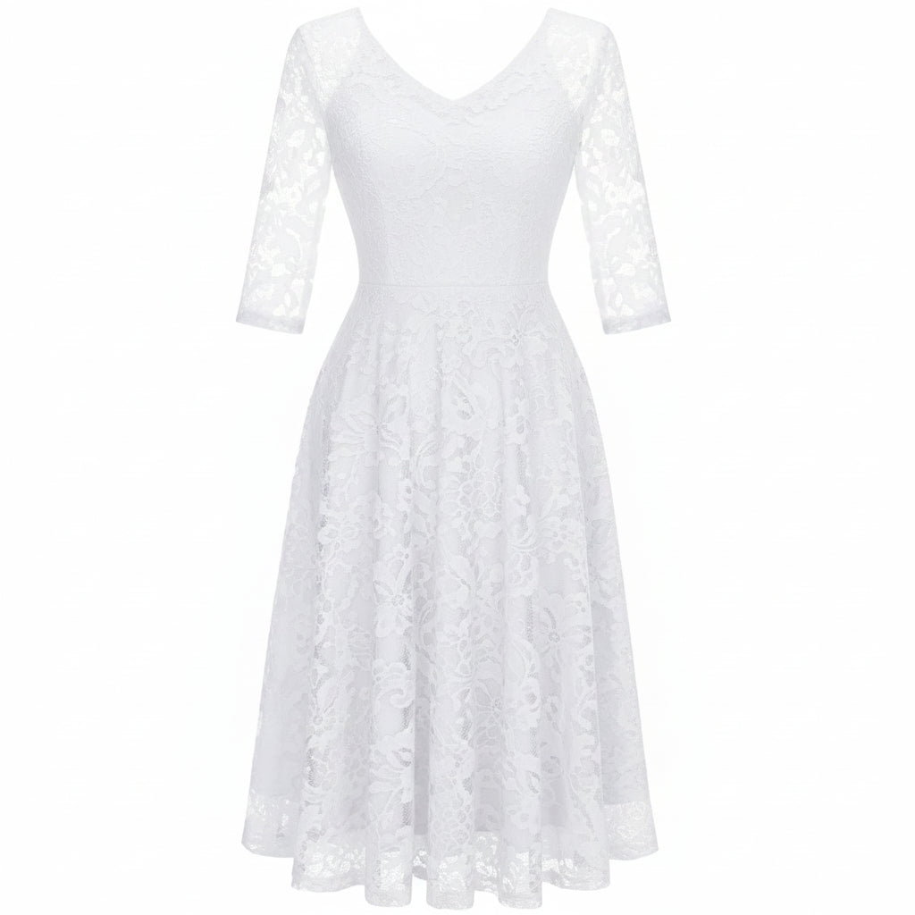 Womens Long-Sleeve Wedding Guest Dress A-Line Lace Formal Party Cocktail Midi Dress Prom Gown