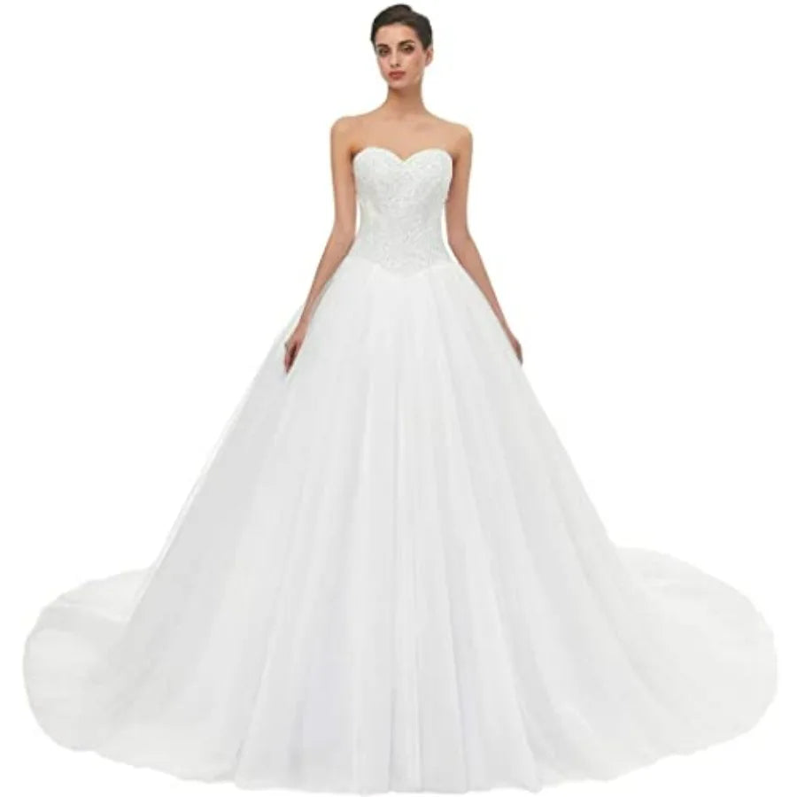 Likedpage Women's Sweetheart Neck Wedding Dress, Tulle A-Line Ball Gown with Train
