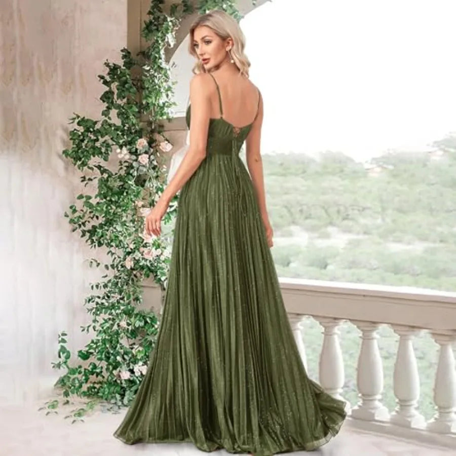 Emerald Glow Pleated Maxi Dress with Spaghetti Straps