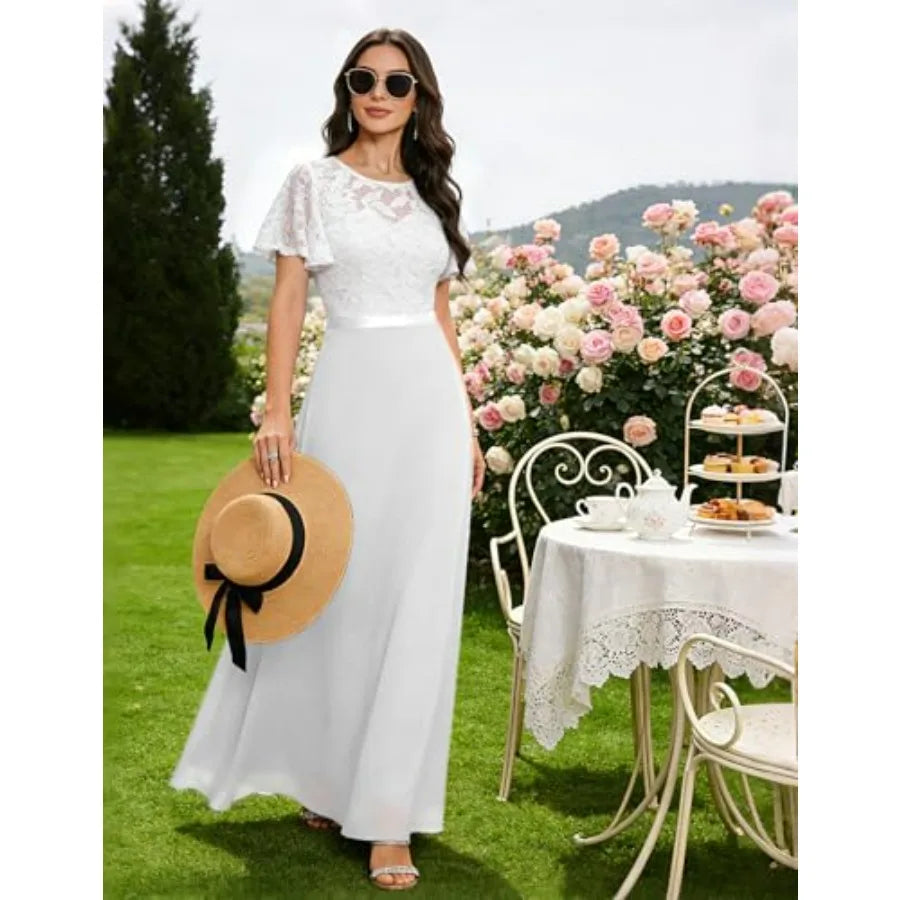 DRESSTELLS Womens Formal Dresses for Wedding Guest Prom Ruffle Sleeve Lace