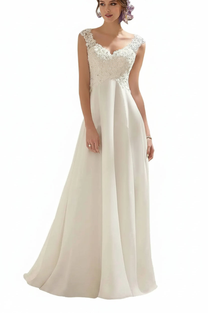 Abaowedding Women's Wedding Dress Lace Double V-Neck Sleeveless Evening Dress