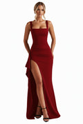 Dark Red Square Neck Evening Gown with High Slit and Side Ruffle
