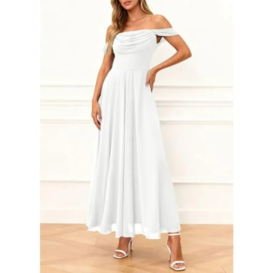 Off Shoulder Maxi Summer Dresses 2026 Elegant Mesh Aline Swing Ruched Flowy Cocktail Wedding Guest Dress
