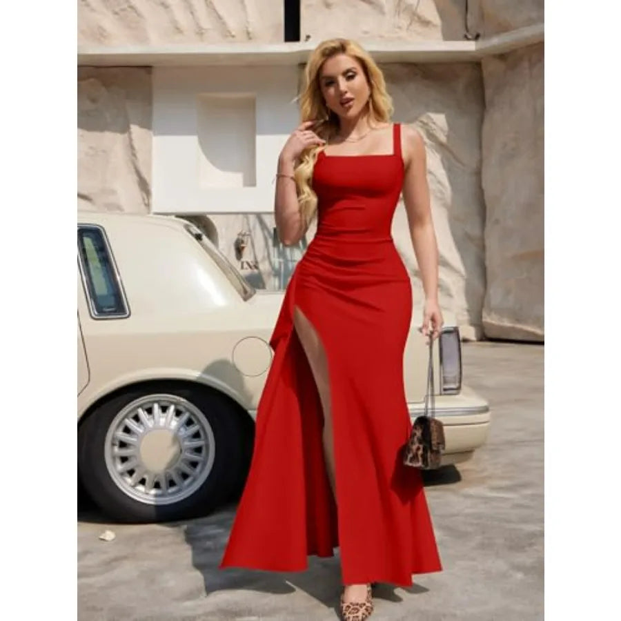 Dark Red Square Neck Evening Gown with High Slit and Side Ruffle