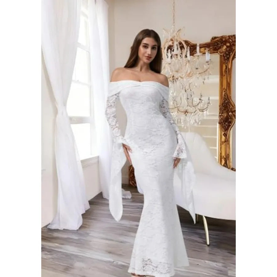 Off The Shoulder Floral Lace Maxi Wedding Dress Long Bell Sleeve  Off The Shoulder