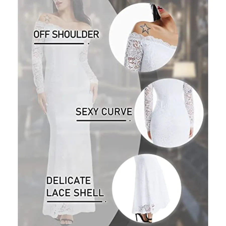 LALAGEN Women's Floral Lace Long Sleeve Off Shoulder Wedding Mermaid Dress