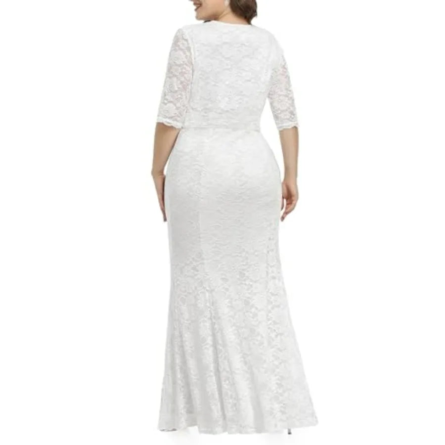 Wedding Dresses for Bride Plus Size - Mermaid Formal Evening Gown Wrap Neck Lace Dress