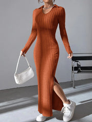 knitted slim lapel long sleeve dress pit strip solid color
