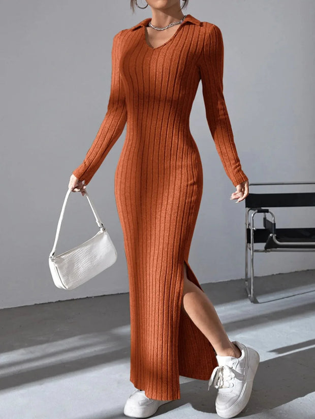 knitted slim lapel long sleeve dress pit strip solid color