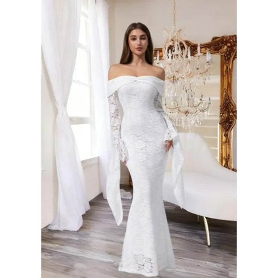 Off The Shoulder Floral Lace Maxi Wedding Dress Long Bell Sleeve  Off The Shoulder