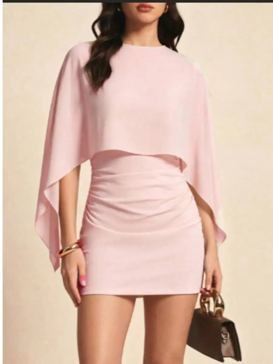 Solid Color Bat Sleeve Lightweight 2 In 1 Mini Dress For Evening Date Vacation Birthday Party