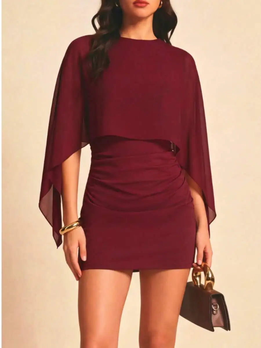 Solid Color Bat Sleeve Lightweight 2 In 1 Mini Dress For Evening Date Vacation Birthday Party