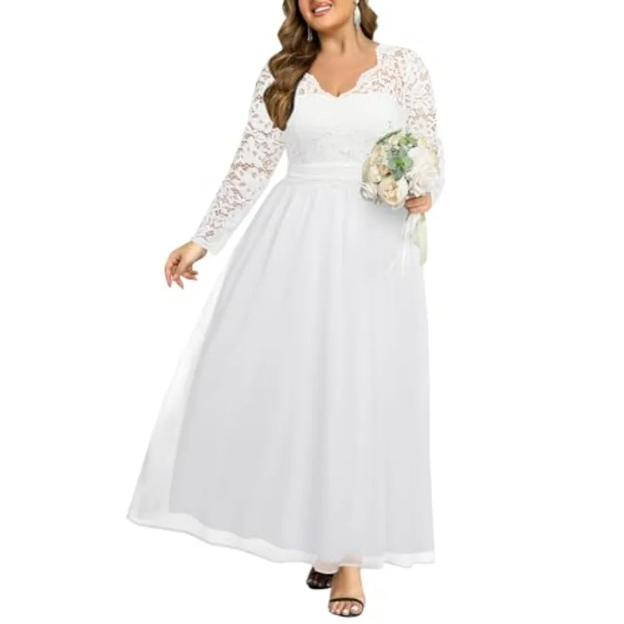 Talisea Plus Size Formal Wedding Dresses - Gowns Evening Prom Elegant V Neck Long Sleeve Lace Chiffon Long Maxi Dress