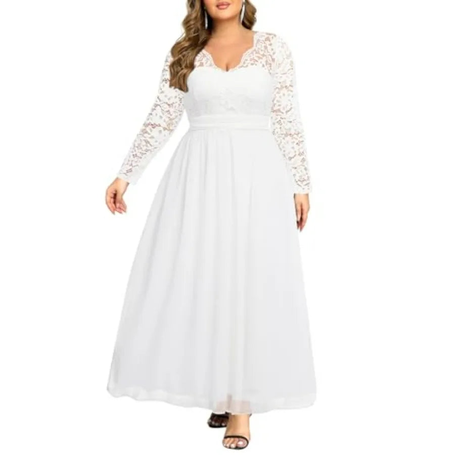 Talisea Plus Size Formal Wedding Dresses - Gowns Evening Prom Elegant V Neck Long Sleeve Lace Chiffon Long Maxi Dress