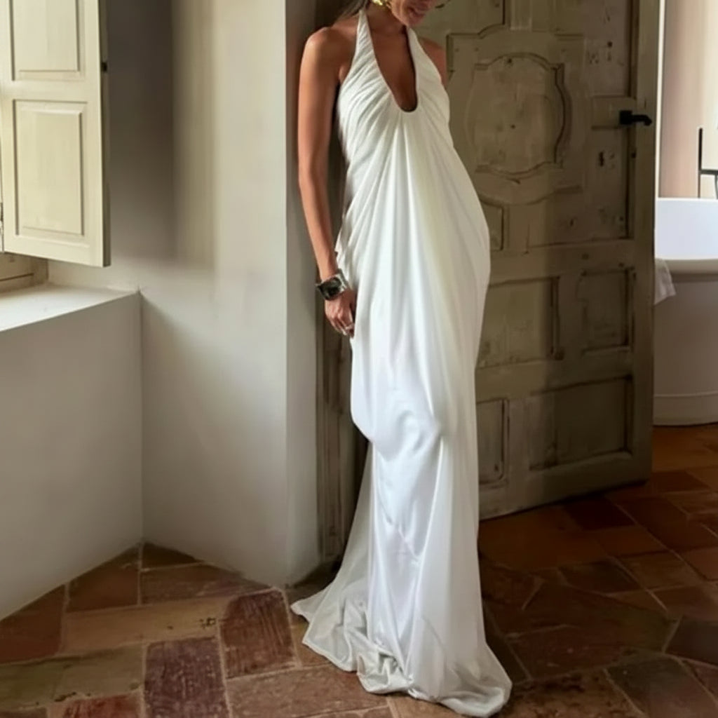 White Dress Halter Deep V Neck Cascade Drape Floor Length Gown Wedding Guest Beach Vacation