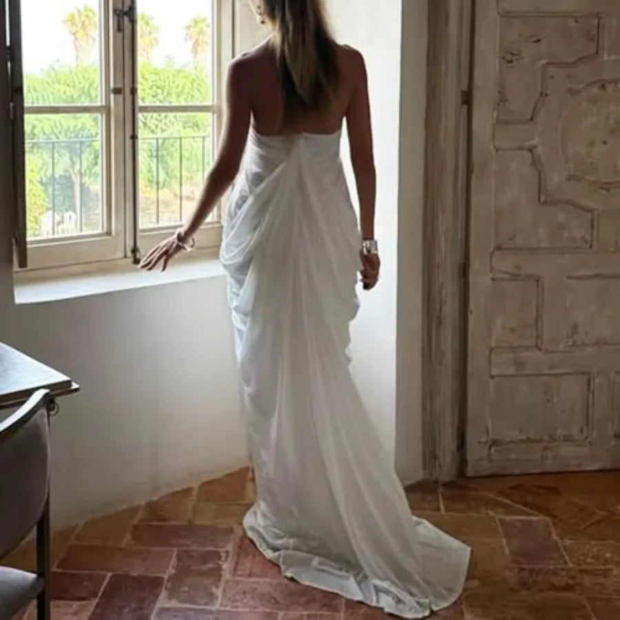 White Dress Halter Deep V Neck Cascade Drape Floor Length Gown Wedding Guest Beach Vacation