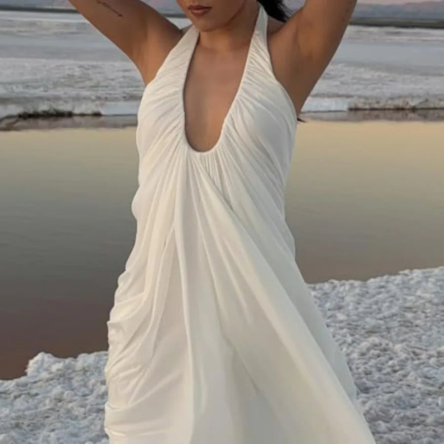 White Dress Halter Deep V Neck Cascade Drape Floor Length Gown Wedding Guest Beach Vacation