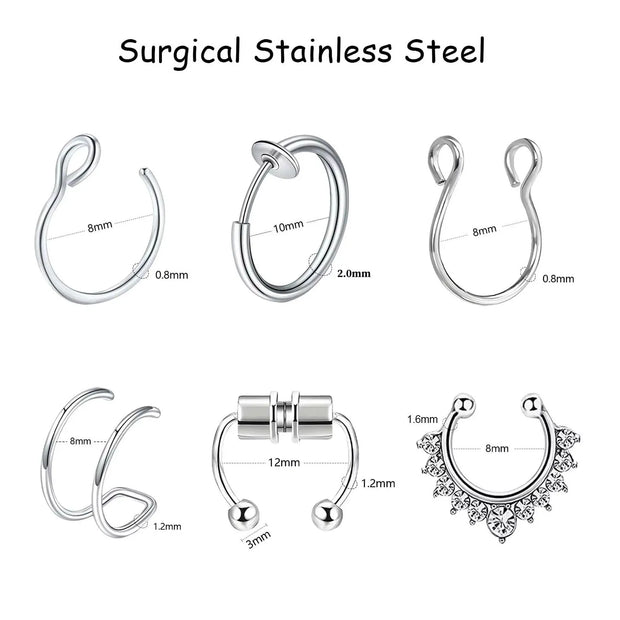 6pcs/Set Stainless Steel Nose Ring Septum Non-Piercing