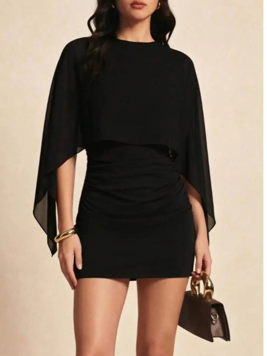 Solid Color Bat Sleeve Lightweight 2 In 1 Mini Dress For Evening Date Vacation Birthday Party