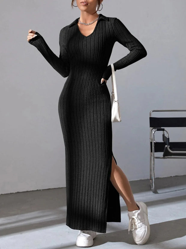 knitted slim lapel long sleeve dress pit strip solid color