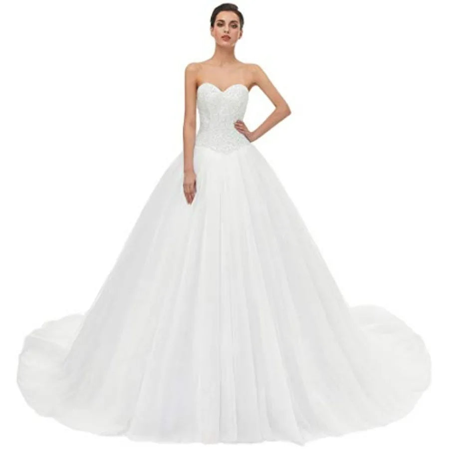 Likedpage Women's Sweetheart Neck Wedding Dress, Tulle A-Line Ball Gown with Train