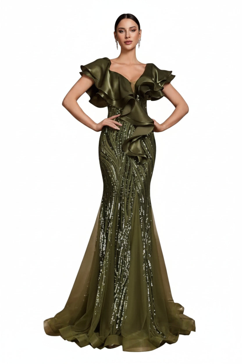 V-Neck Long Maxi Mermaid Evening ElegantGreen Sequin Formal Dress with Satin Collar Overlay