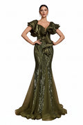 V-Neck Long Maxi Mermaid Evening ElegantGreen Sequin Formal Dress with Satin Collar Overlay