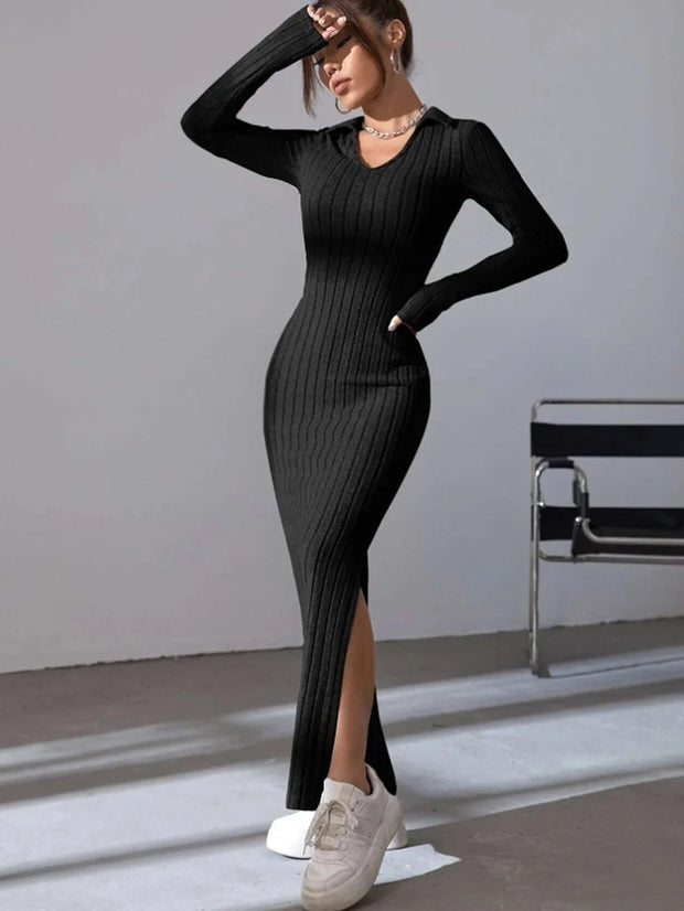 knitted slim lapel long sleeve dress pit strip solid color