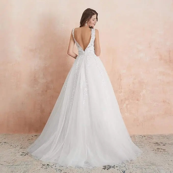 Abaowedding Women's Wedding Dress for Bride Lace Applique Evening Dress V Neck Straps Ball Gowns
