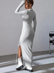knitted slim lapel long sleeve dress pit strip solid color