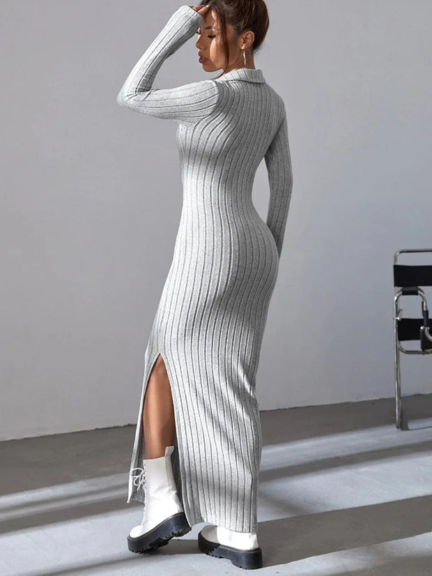 knitted slim lapel long sleeve dress pit strip solid color