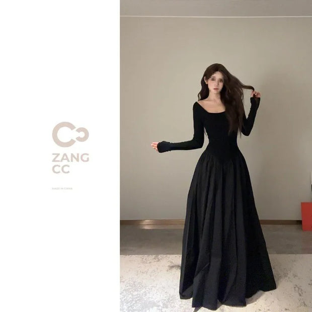 Black French Style Long Sleeve Square Collar