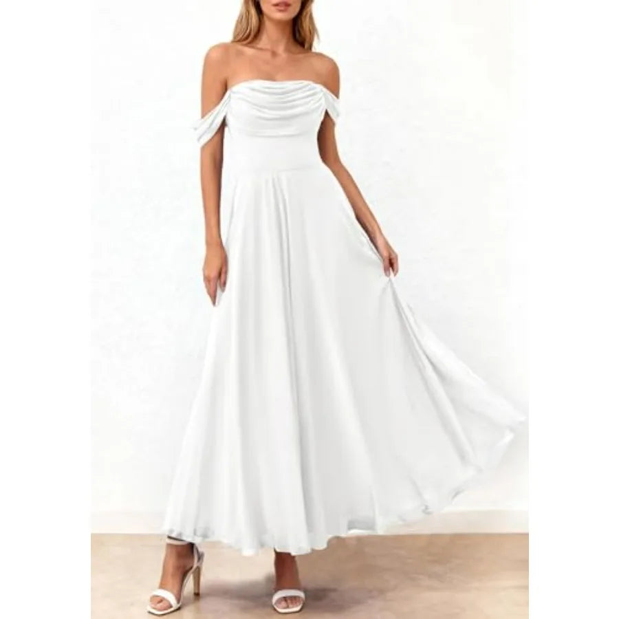 Off Shoulder Maxi Summer Dresses 2026 Elegant Mesh Aline Swing Ruched Flowy Cocktail Wedding Guest Dress