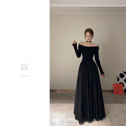 Black French Style Long Sleeve Square Collar