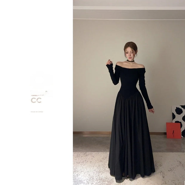 Black French Style Long Sleeve Square Collar