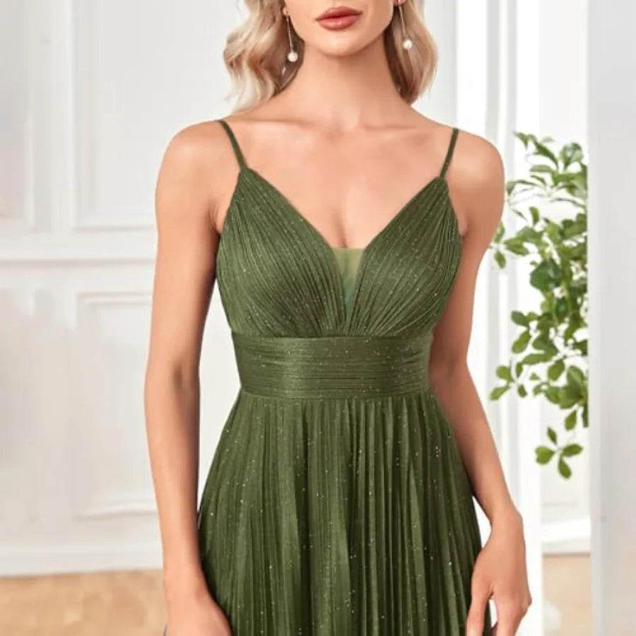 Emerald Glow Pleated Maxi Dress with Spaghetti Straps