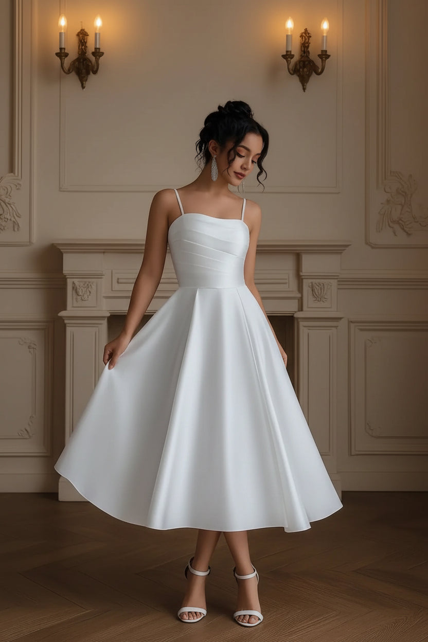White Satin Elegant Midi Dress, Spaghetti Strap A-Line Gown for Wedding, Prom & Formal Events
