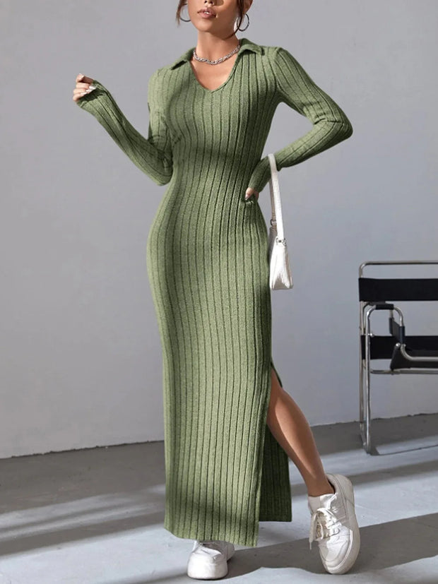 knitted slim lapel long sleeve dress pit strip solid color