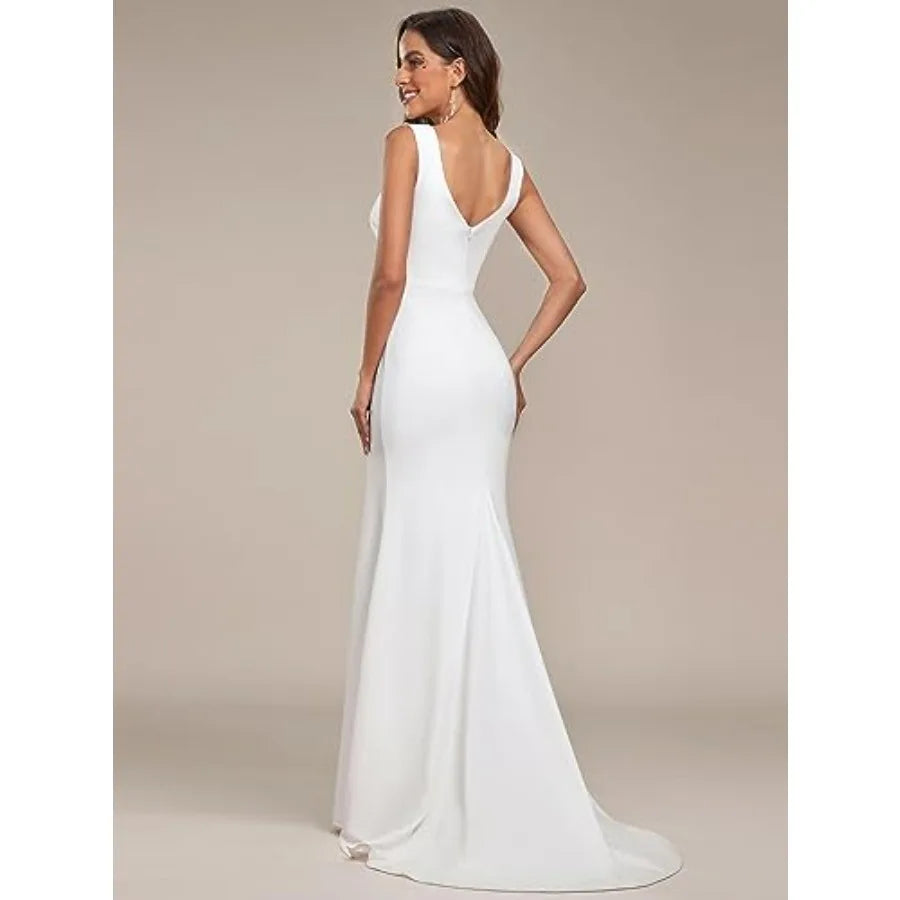V Neck Sleeveless Bridal Wedding Dress with Slit Floor Length Mermaid Gown for Bride 011B