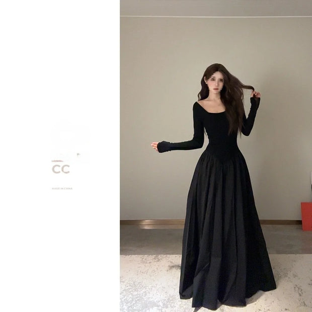 Black French Style Long Sleeve Square Collar