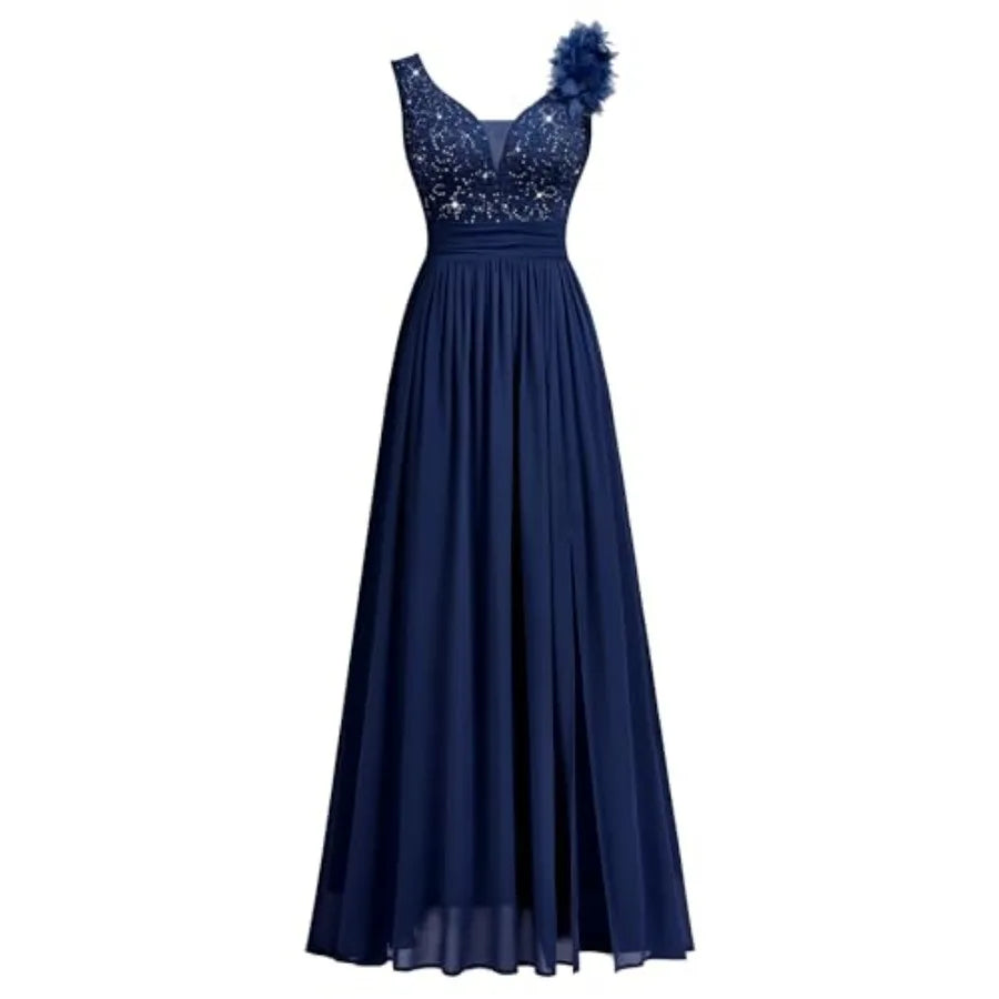 Navy Blue Sequin Evening Gown with Thigh Slit and Floral Shoulder Detail