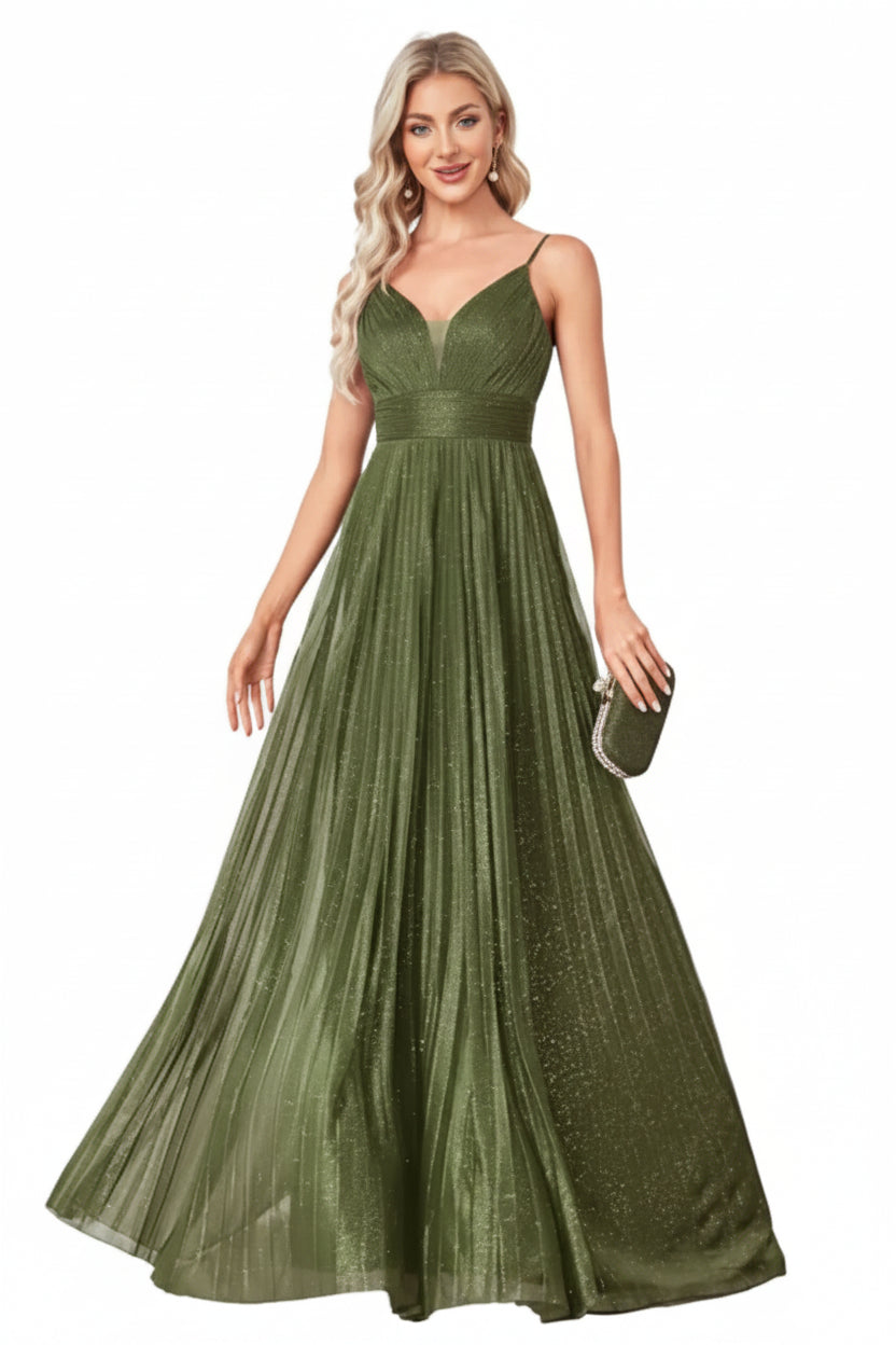 Emerald Glow Pleated Maxi Dress with Spaghetti Straps