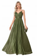 Emerald Glow Pleated Maxi Dress with Spaghetti Straps