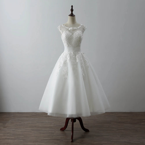 ABaowedding Women's Elegant Sheer Vintage Short Lace Wedding Dress for Bride vestidos de novia