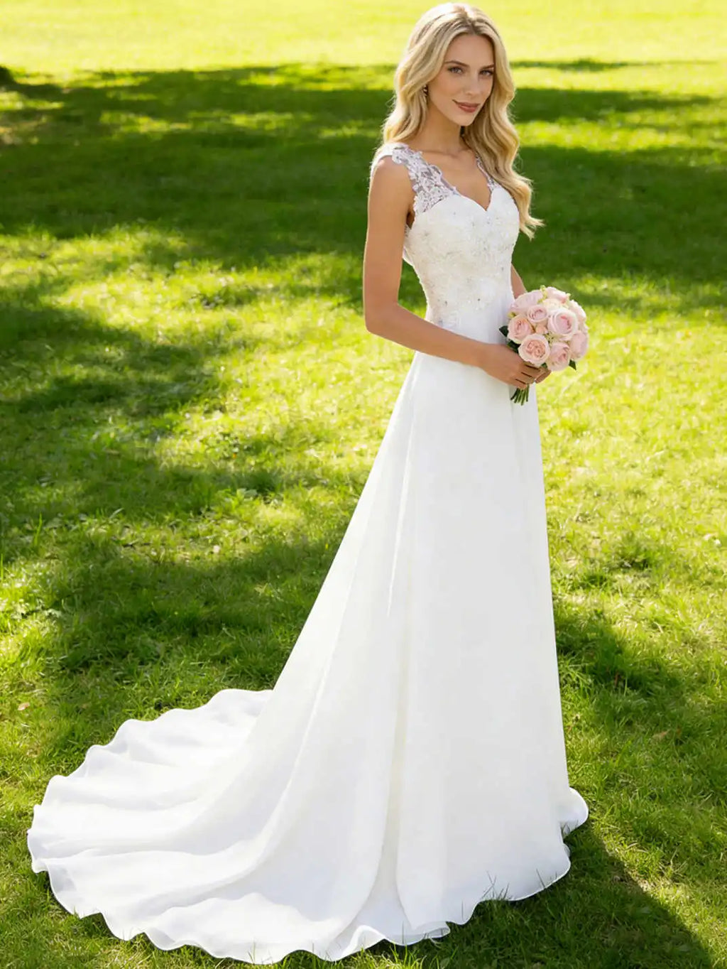 Abaowedding Women's Wedding Dress Lace Double V-Neck Sleeveless Evening Dress