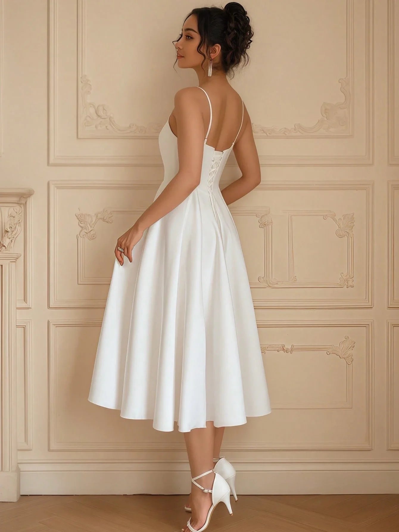 White Satin Elegant Midi Dress, Spaghetti Strap A-Line Gown for Wedding, Prom & Formal Events